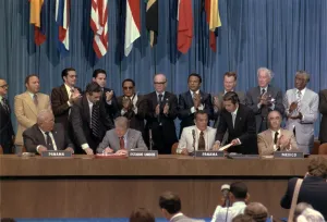 Presidents Wives Prints: Jimmy Carter and Omar Torrijos at the signing of the Panama Canal Treaty returning the Canal to Panamanian sovereignty