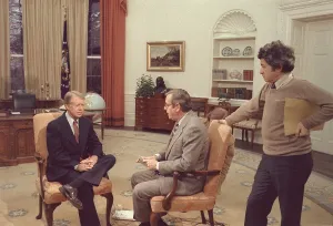 Interviews Prints: Jimmy Carter prepares for an interview with NBC Anchor John Chancellor while Gerald Rafshoon stands by
