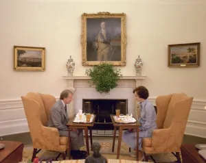 Presidents Wives Prints: Jimmy Carter and Rosalynn Carter having one of their weekly working lunches in the Oval Office