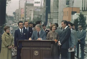 August Prints: Jimmy Carter during a tour of Ixtlilco de Grande Mexico during an official state visit to Mexico