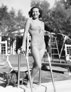 Bathing Suit Prints: Joan Crawford, in her back-yard pool in Brentwood, 1936