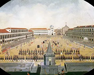 2nd Half 18th C Prints: JOAQUIM, Leandro (1738-1798). Military Parade at Royal Square in Rio de Janeiro