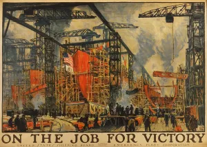 Workers Prints: ON THE JOB FOR VICTORY. American Impressionistic painting of busy shipyard during World War 1