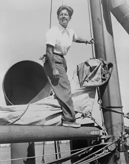 Lcgr1501 Prints: Joe Carstairs on the rigging of her yacht Sonia 2 in 1944