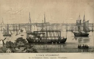 Steamers Prints: John Fitch's steamboat on the Delaware River at Philadelphia was the first operation steam powered ship