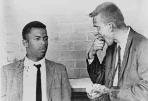 Images Dated 9th May 2008: John Lewis talks with fellow 'Freedom Rider' James Zwerg who was beaten in Montgomery