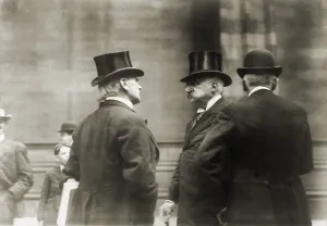 Capitalism Prints: John Pierpont Morgan (1837-1913), American financier, with two associates in 1907