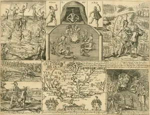 English Prints: John Smith's adventures in Virginia are depicted in 6 scenes plus a map of the Virginia coast