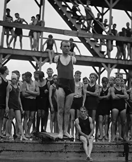 Bathing Suits Prints: John Uslie, before diving into the Tidal Basin, in Washington, D.C. July 8, 1922