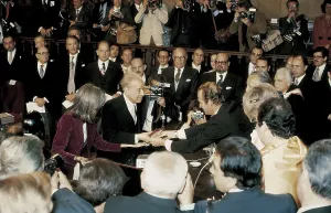 JUAN CARLOS I of Spain (1938); BORGES, Jorge Luis (1899-1986). Juan Carlos I gives the Cervantes Prize to Jorge Luis Borges. University of Alcal de Henares (23rd April 1980)
