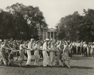 Hiroshima Prints: Jubilant V-J day crowd dancing on the White House lawn