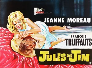 JULES AND JIM, (aka JULES ET JIM), l-r: Henri Serre, Jeanne Moreau on British poster art, 1962
