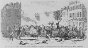 Nativists Prints: July 4 1857 battle on Bayard Street of the Irish gang the Dead Rabbits against the Bowery Boys a nativist anti-Catholic