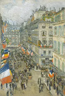 Automobiles Prints: JULY FOURTEENTH, RUE DAUNOU, by Childe Hassam, 1910, American painting, oil on canvas