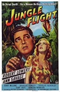 Savage Prints: JUNGLE FLIGHT, US poster art, from left: Robert Lowery, Ann Savage, 1947