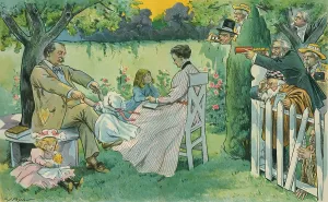 Happiness Prints: HE KEEPS THEM WORRIED, a cartoon showing President Cleveland relaxing with his young family