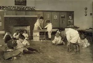 Oklahoma Prints: Kindergarten children in Horace Mann School working on doll houses