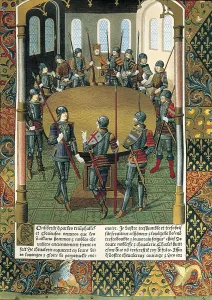 King Arthur and the Knight of the Round Table. Miniature painting by Maitre Jacques de Besanon of the book "Lancelot du Lac", by Antoine Verard (1494), fol.3 o A2