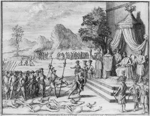 1600s Prints: The King of the Congo receives Portuguese soldiers as three Christian missionaries stand beside the King