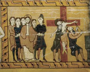 Kiss of Judas, Arrest and Descent of Christ. end 12th c. Altar side. Right detail. Romanesque art. Tempera on wood. SPAIN. Solsona. Diocesan and Regional Museum. Proc: SPAIN