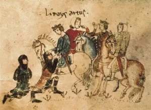 The Knights Esclabor and Arphasar offer their services to King Arthur. Illustration of the French manuscript "Meliadus, frre de Tristan" (14th c.). Gothic art