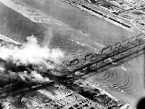 Explosion Prints: Korean War: U.S. Bombers attack Korean side of Sinuiji Bridge
