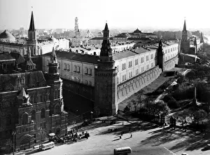Russia Prints: Kremlin, Moscow. Sprawling headquarters of the Russian goverment shot from the Moskva Hotel