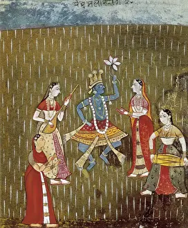 Loving Prints: Krishna with a lotus flower and his wife Radha dancing in the rain with three girl musicians