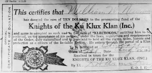 Civil Rights Prints: Ku Klux Klan certificate of membership made out to William W