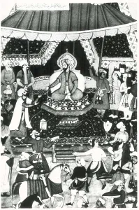 KUBLAI KHAN (1215-1294). Representation of Kublai Kahn on the Mongol throne. Persian miniature (16th c.). Persian art. Safavid period. Miniature Painting. TURKEY. Istanbul