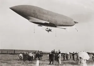 Aeronautics Prints: La Republique a semi-rigid airship built for the French army leaving Moisson France in 1907