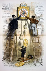 Clock Prints: Labor movement. Editorial cartoon illustratin the struggle between organized labor