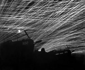 1405history Prints: A lacework of anti-aircraft fire by the Marine defenders of Yontan airfield