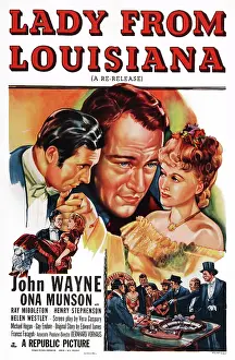 LADY FROM LOUISIANA, John Wayne, Ona Munson, featured on 1953 reissue poster, 1941