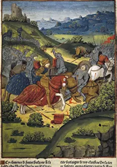 Chivalry Prints: Lancelot in a battle. Illustration of 'Lancelot du Lac' by Antoine Verard (1494)