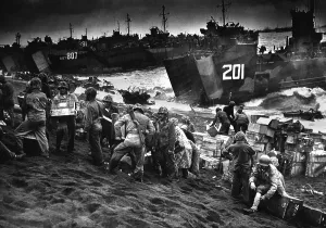 Lcgr1311 Prints: Landing craft delivering Marine invasion supplies to Iwo Jima