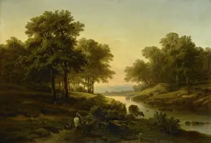 Landscape, by Alexandre Calame, 1830-45, Dutch painting, oil on canvas. Sunset reflected in a river with shepherd on horseback with sheep and a cow. (BSLOC_2016_1_172)