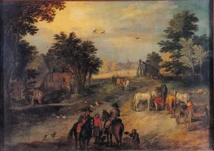 Building Exterior Prints: Landscape with Riders and Wagons