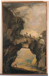 Non Urban Scene Prints: Landscape with soldiers on a natural rock arch
