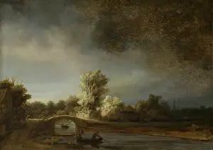 Boats Prints: Landscape with a Stone Bridge, by Rembrandt van Rijn, 1638, Dutch painting, oil on panel