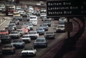 Congestion Prints: Four lanes of traffic on the Hollywood Freeway near Ventura beach in Los Angeles