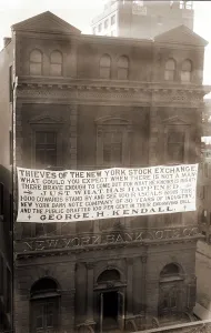 Stock Market Prints: Large banner blaming The Thieves of the New York Stock Exchange for robbing the New York Bank Note Co