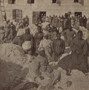 Liberation Prints: Large group of emancipated African Americans at a cotton gin on one of the Sea Islands in South Carolina