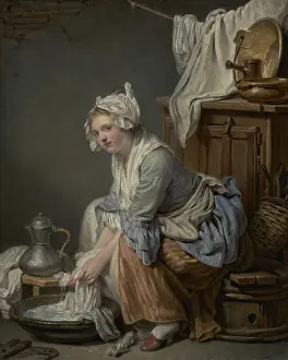 1760s Prints: The Laundress, by Jean-Baptiste Greuze, 1761, French painting, oil on canvas