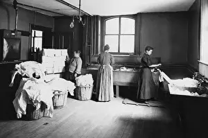 Womens Work Prints: Laundry with women working at large sinks