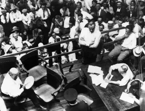 Darrow Prints: Lawyers William Jennings Bryan (left) and Clarence Darrow (arms folded) during the Scopes Trial