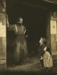 Hammer Prints: An leather aproned blacksmith in the doorway of his forge talking to two youngsters