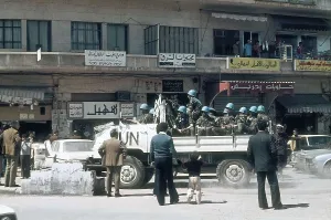 Lubnan Prints: Lebanon. Civil War. Entry of a detachment of UNO Blue Helmets in Sidon (1978)