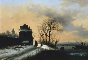 LEEUW, Alexis de (ca. 1848-1883). Winter scene with skaters on a river. ca. 1850. Oil on canvas. AISA/Everett Collection**US SALES ONLY**