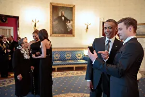 Obama Prints: At left, First Lady Michelle Obama talks with Queen Latifah and her grandmother